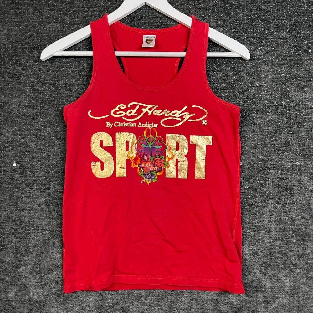 Ed Hardy Tank Top Women Large Red Good Racerback Tattoo Graphic Sport Pullover